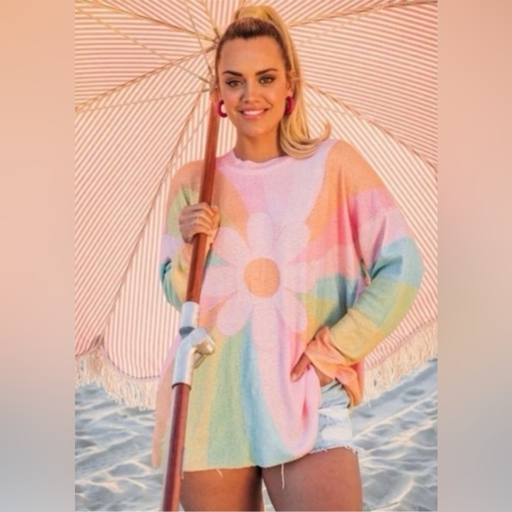 Show Me Your Mumu Barbie Sweater XXL Pink Flower Slub Knit Oversized